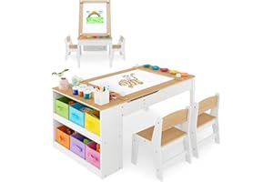 ‎COSTWAY COSTWAY Kindertisch mit 2 Stühlen, 3 in 1 Aktivitätstisch & Staffelei aus Holz mit anhebbarer Tischplatte mit Farbbechern, 6 Stoffbehältern & Papierrolle, Kindersitzgruppe für ab 3 Jahren (Natural)