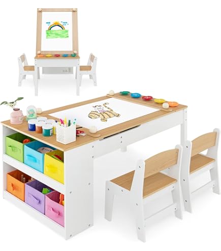 COSTWAY 2-in-1 kinderezel & kinderzitgroep met boekenkast, kindertafel & stoel met opbergplank en inklapbaar tafelblad, staand bord met schilderaccessoires (blauw