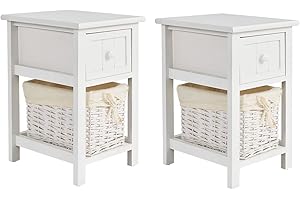 LIFEZEAL Set 2 Comodini con 1 Cassetto e 1 Cestino, Comò in Legno Massello di Paulownia, Tavolino Basso, Già Montato, in Soggiorno, Camera da Letto, Salotto, Peso Max 50 kg, 28x30x46 cm, Bianco