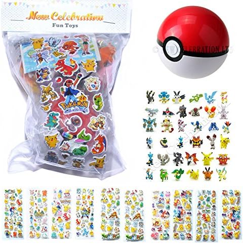 NewCelebration Kids Gift Bag Fillers 1 Red Pokemon Ball, 24pcs Pokemon Mini Figure Assorted Mix with 1 Sheet of 3D Pokemon Sticker Random Action Figure Party Bag Fillers