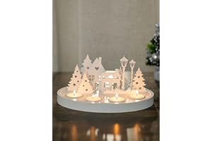 NUPTIO Corona Dell'avvento in Legno con Candeline Moderne: Composizione Floreale Decorazione Natalizia da Tavolo Rotonda Portacandeline Bianca Villaggio Portacandele Scandinavo, 27 x 20 x 12,5 cm