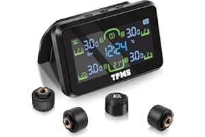 Avutrel TPMS Sistema de Monitoreo de Presión de Neumáticos, Carga Solar/USB, 5 Funciones de Alarma, Auto On/Off, Compatible Caravana/Berlina/SUV/MPV (4 Sensores, 87 PSI)
