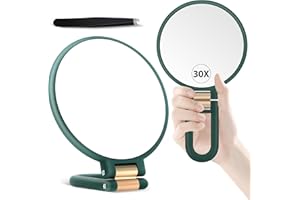 MIYADIVA Miroir Grossissant de Poche, Double Face avec Grossissement 30X/1x, Poignée Réglable à 360° et Pince à Épiler de Précision, Miroir de Maquillage Portable