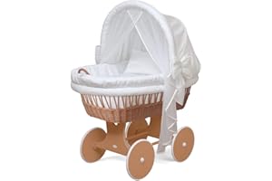 WALDIN BABY COLLECTION WALDIN Cuna Moisés, carretilla portabebés XXL, 54 colores a elegir, madera/ruedas lacado de marrón, color textil blanco