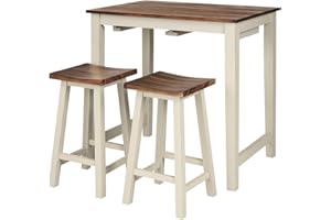 GiantexUK 3-Piece Bar Table Set, Space-Saving Dining Room Table and Chairs with Footrest, Wooden Kitchen Breakfast Bar Table and 2 Stools Set for Living Room Home (without Wine Holders, Curved Seat)