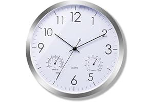 ZILCHX Quarz-Wanduhr mit Temperaturanzeige und Hygrometer 30cm Ohne Tickgeräusche Geräuschlose Sweep-Bewegung Leicht Ablesbare Wanduhr, Rund Wanduhr für Zimmer Büro Schule Küche (Silber weiß)