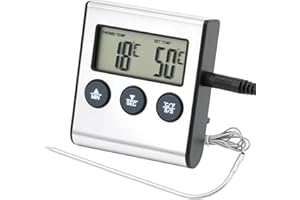 QWORK® Cyfrowy termometr kuchenny z sondą do żywności, zakres 0-300°C, wbudowany timer, wyświetlacz LCD - do użytku w piekarnikach i grillu