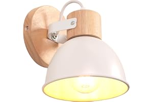 iDEGU Applique Murale Interieure Spot LED 15cm Rétro Lampe Murale Insustrielle en Bois Fer Design Vintage Luminaire Réglable Lustre Plafonnier E27 Éclairage Mural pour Chambre Cuisine Salon(Blanc Mat)
