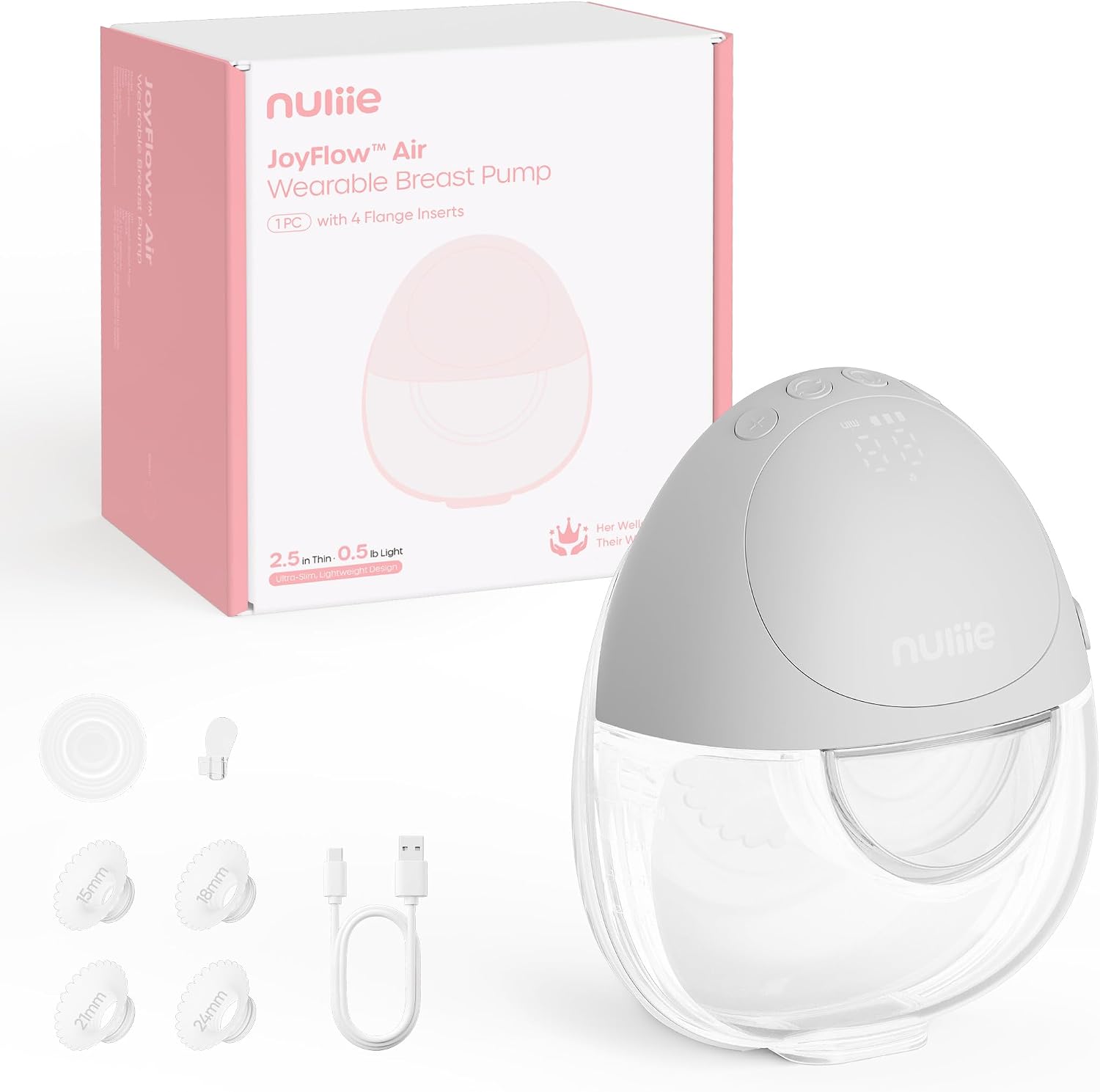 Nuliie JoyFlow Air - Sacaleche eléctrico, ultrafino y ligero, extractor de leche portátil manos libres, 3 modos & 12 niveles, silencioso y sin BPA, brida de 27 mm y puntas 15/18/21/24 mm (1 paquete