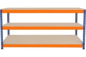 MONSTER RACKING Garage Workbench S-Rax 3 Shelf 180cm x 60cm x 90cm Workstation Heavy Duty Steel Chipboard 300kg Capacity Per Shelf Adjustable Layout Boltless Assembly Rubber Feet 3 Reinforced Support Bars Warehouse