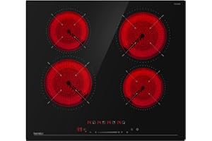 Hermitlux Piano Cottura Vetroceramica 4 Fuochi, 6000 W, 14 Livelli, Controllo Touch, Timer, Sicurezza Bambini