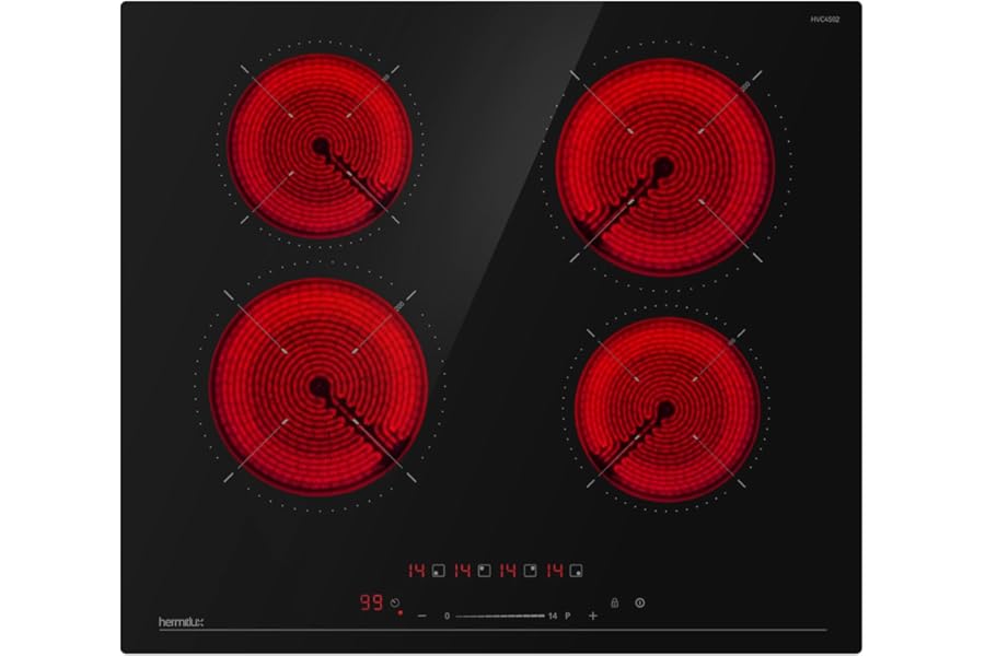 Hermitlux Glass Ceramic Hob 4 Burners, 6000 W, 14 Levels, Touch Control, Timer, Child Safety