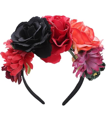 Couronne Voile Fleurie Rouge Et Noir Avec Bandeau - Costume Halloween Day Of The Dead