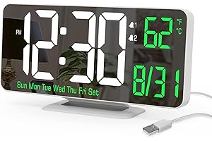KOSUMOSU Alarm Clock for Bedroom, 6.7" Led Desk Digital Clock,Mirror Clock,Dual Alarm Clock for Living Room with Seconds,Date,Week,12/24h,Dimming,Temp