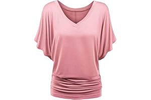 TIMEMEAN Femme Blouses Chemise à Manches Chauve-Souris Et Ourlet Replié Tunique De Couleur Unie à Manches Courtes Et Col en V De Grande Taille