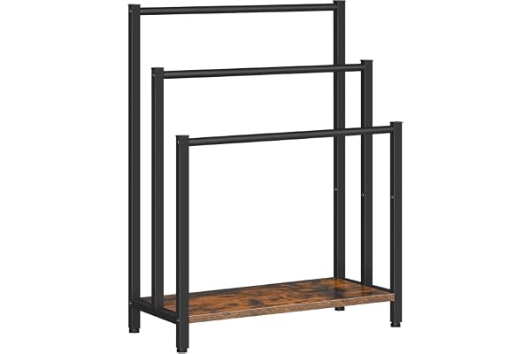 HOOBRO Fristående handduksskena, 60 L x 28 B x 80 H cm, 3 nivåer handduksställ för badrum, industriell metall tork- och displayställ med hylla, rustik brun och svart EBF06LB01