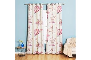 Koudi Rosa Einhorn Vorhänge Mädchen Stern-Muster Ösen Gardinen mit Blickdichte Vorhang Heißluftballon Blackout Curtain Kinderzimmer Schlafzimmer Verdunkelung Fenster, 2 Stück, 160 x 70cm (H x B)