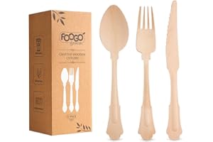 FOOGO Green Set di 75 Posate Monouso in Legno, Certificate FSC®, 25 Forchette, 25 Cucchiai, 25 Coltelli, 16 cm, Compostabili, Set di Posate, Picnic, Set di Posate in Bambù per Aperitivi, Stuzzichini