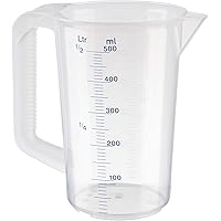 APS Messbecher 0,5 Liter, Ø 9,5 x H: 14 cm, Kunststoffbecher mit geprägter Maßskalierung außen, geschlossener Griff, ml…