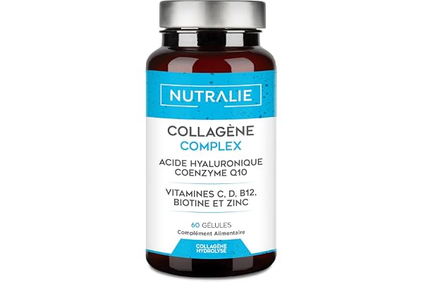 Collagène Acide Hyaluronique - Hydrolysé + Biotine + Q10 - Peau Cartilage - Vitamines C D B12 et Zinc - Complexe Collagène - 60 gélules Nutralie