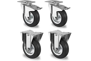 DER ROLLENDE SHOP Rollensatz 2 Lenkrollen mit Feststeller + 2 Bockrollen 200 mm Vollgummi schwarz mit Stahlfelge