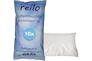 ‎REILO reilo 10x 1kg Luftentfeuchter Granulat (Calciumchlorid), Raumentfeuchter im Vliesbeutel, Nachfüllpacks für Luftentfeuchterboxen 900 bis 1200 g, Staffelpreis, für Auto, Schlafzimmer, Keller