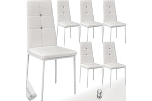 tectake® Silla de Comedor, Asiento y Respaldo Acolchado, Piel Sintética, Piedras Brillantes, Sillas Modernas, Sillas Cocina, Alta Capacidad de Carga, Montaje Rápido - 6 Sillas Blanco