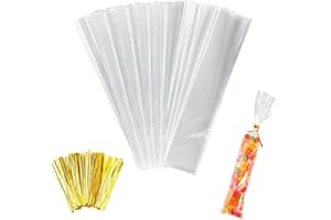 COOLON Przezroczyste Torebki Celofanowe - 200 Sztuk, 25 x 5 cm, Małe Torebki na Słodycze i Prezenty OPP z Skręcanymi Wiązaniami