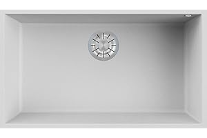 EVHOC Lavello di Design per Cucina 1 Vasca UNICUM L Sottotop, Lavandino in Kuarzite Vasca Unica, Piletta e Accessori per il Montaggio Inclusi, Made in Italy, Bianco, 76x44 cm