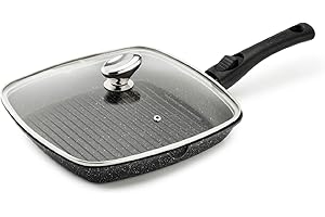 Pradel Excellence - PCUI001022 - Poêle Grill en Fonte d'Aluminium 28x28cm, Couvercle Verre - Revêtement Anti-Adhésif Façon Pierre - Manche Amovible - Tout Feu, Noir