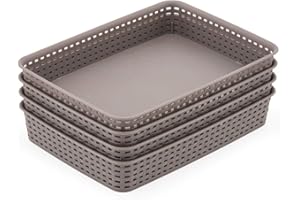 EZOWare 4 pcs Grande Cestas de Almacenaje Multiuso, Cajas Bandeja Organizadoras Rectangular de Plástico con Efecto de Mimbre para Cajones, Cocina, Baño - Gris, 35 x 25 x 6 cm