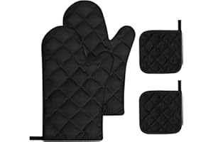 ‎JNTMIKUN Ofenhandschuhe Topflappen Handschuh 4er Set Topfhandschuhe, Hitzebeständige und rutschfeste Backhandschuhe zum Baumwolle für Kochen Backen Grillen - Schwarz