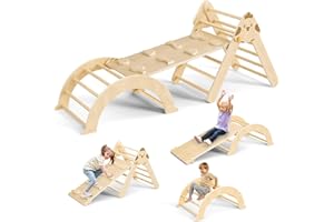 KROVTOY Triangle Climbing Frame for Toddlers, Foldable Wooden Indoor Climbing Triangle Set with Ramp and Arch, (New climbing frame three-piece set-log)
