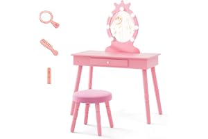 GOPLUS Sminkbord barn med LED-spegel, toalettbord med pall i prinsessstil med dimbara 3-färgade LED-lampor och låda, sminkbord för barn från 3–7 år