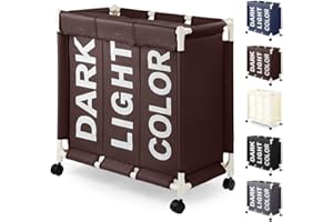 Rieeyrslza Brudne Ubrania Hamper 3 Przegródki 90 L Kosz na Pranie z Kółkami Duża torba na Pranie z PokrywkąKosz do Przechowywania Praktyczne Przechowywanie Klasyfikacja Ubrań (Brązowy o2)