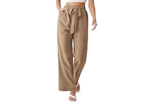PASUDA Pantalones Mujer Verano Lino Pantalon Casuales Cintura Alta Elástica Pantalones Anchos Flojo Playa Pantalones Color Sólido Pantalón Largos con Bolsillos