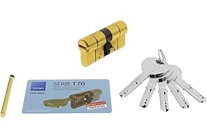 Tesa Assa Abloy, T75D3030L, Cilindro de Alta Seguridad, T70 DS, Doble Embrague, Leva Larga, Llave - Llave, Latonado, 30 x 30 mm