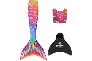 Planet Mermaid Girls Kids 3 Piece Vivid Colour Swimming Rainbow Mermaid Tail, Crop Top & Wear-Resistant Magic Fin Monofin Included. Coral Carnival.