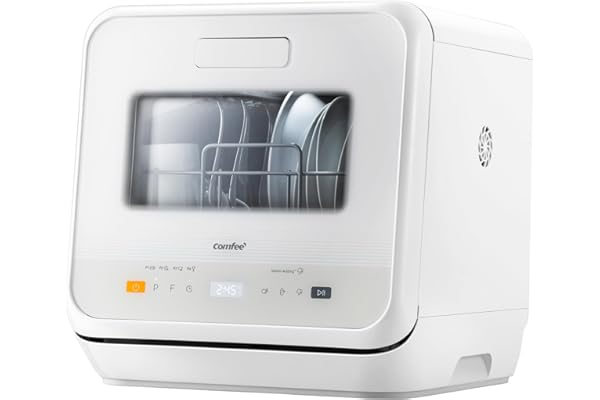COMFEE' Lave-vaisselle de comptoir, mini lave-vaisselle de table avec 6 programmes, lavage à la vapeur,Soins pour bébé et lavage des fruits, sans plomberie, démarrage différé, 72Heures stockage, blanc