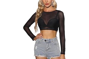 Niwicee Damskie topy z siateczki seksowne długie rękawy przezroczysta koszula z siateczki Fisnet Hollow Top damski okrągły dekolt slim fit bluzki T-shirt przezroczysta tunika czarna odzież klubowa