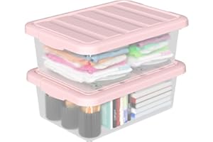Yesdate 2 Pack 14 L Plastic Storage Boxes Clear Box & Pink Lid, Stackable Nestable Under Bed Boxes for Home, Office, Accessories