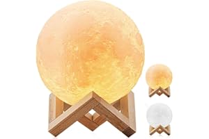 COOCNH DESABF Lampe de sol à LED en forme de lune 3D avec variateur d’intensité, contrôle tactile, charge USB, lumière blanche chaude et socle Diamètre de 8 cm