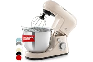 Klarstein Batidora Amasadora con Bol 5L para Hornear, Robot Cocina, Amasadora Reposteria 1300W, Gancho y Bol para Mezclar, Electrodomesticos Cocina Varillas Rotación Planetaria con 6 Velocidades