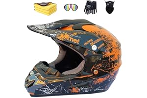 MXYMC Motorradhelm,Motocross Helm,Helm Kinder,Helmets Kinder-Cross-Helm, Road Helm mit Handschuhe Maske Brille, ATV Helm,MTB Orange,57-58cm