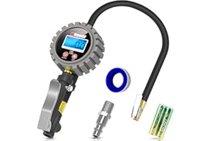 Oasser Tyre Pressure Gauge Tyre Inflator with Pressure Gauge Digital LCD Display 255PSI with Brass Air Chuck Dual Head Air Chuck 1/4 Inches NPT Quick-Connect Male Fitting P5