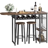Bestier Bartisch-Set im Industriestil mit 2 Barhockern, Weinglashalter & Regal
