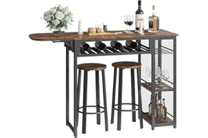 BESTIER Juego de Mesa de Bar, Mesa con 2 taburetes de Bar, Mesa de Comedor con Soporte para Copas de Vino y Estante, Mesa de Cocina de Estilo Industrial, Mesa Alta para Bar, bistró y salón (marrón)