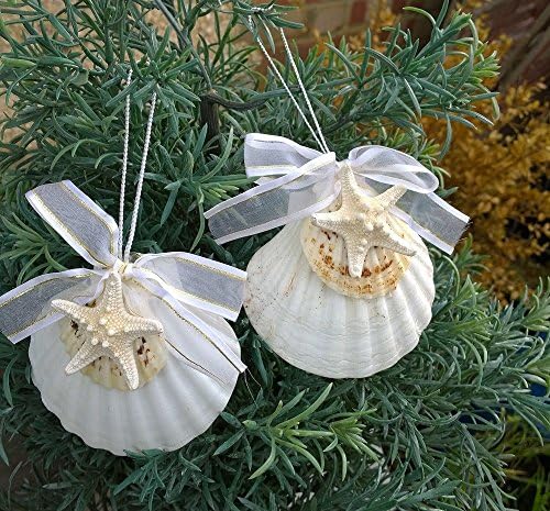 Nautical Christmas Tree Decorations SET OF 2 Seashell Starfish Scallop Shell Cream Gold Ribbon