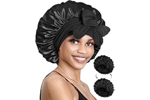 ‎BONNET QUEEN BONNET QUEEN Seidenhaube zum Schlafen mit Haarschutz für Nacht, Doppelseitige Schlafhaube Seide für Lange Haare & Locken, Verstellbare Satin Haarhaube für Damen mit Bindeband, Schwarz
