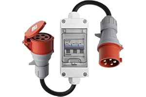 ‎DÉ dé CEE Adapter 32A Stecker auf 16A Kupplung mit Leitungsschutzschalter [3-phasig, 400V], 5-Poliger Starkstrom Adapter 32A auf 16A mit Schutzart IP44